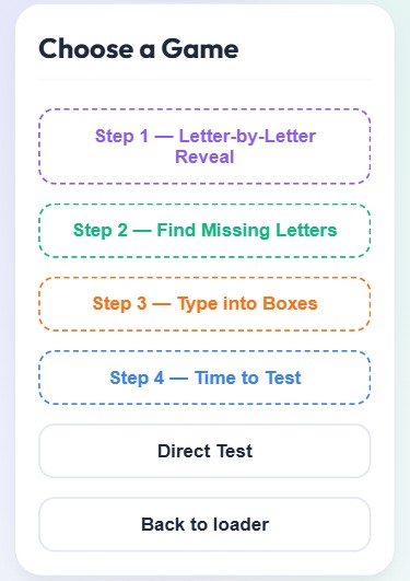 Learn and practise your own words list. Be a spelling master with custom words